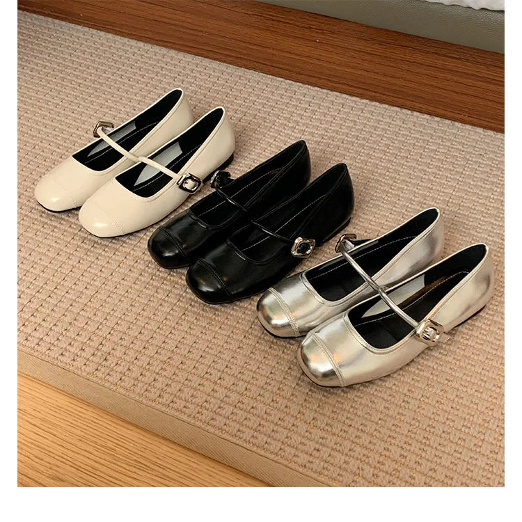Flat Shoes for Women Spring Autumn Square Toe Shallow Mouth Silve Increased Height Mary Jane Plus Size Women's Shoes Zpaxo