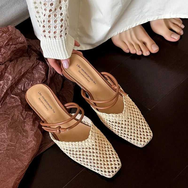 Vintage Woven 1 Slip-on Toe Half Slippers Women's New Outwear French Fairy Style Thick Heel Holiday Shoes Zpaxo 36 Beige
