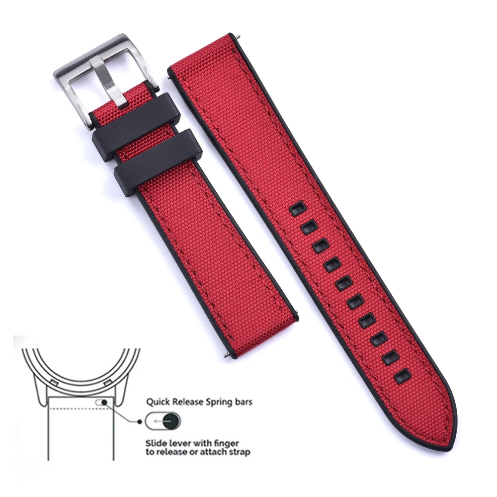 High Quality FKM Canvas Watch Strap 20mm 22mm Hybrid Fluoro Rubber Nylon Watchbands Quick Release For Each Brand Diving Watches Zpaxo Black-Red 1 20mm