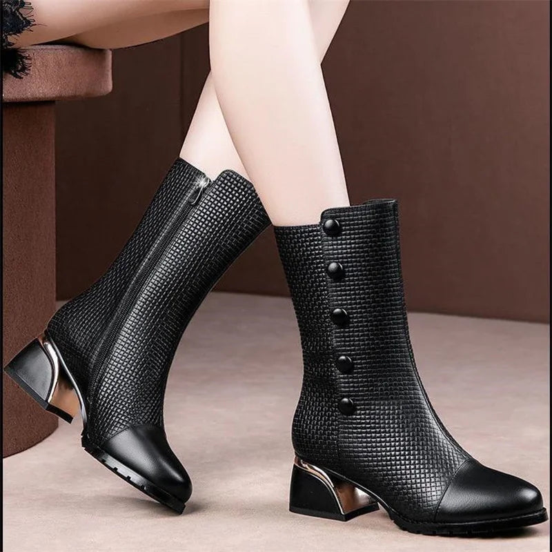 CINESSD 2023 Winter Leather Fashion Women's Boots Head Cowhide Zpaxo