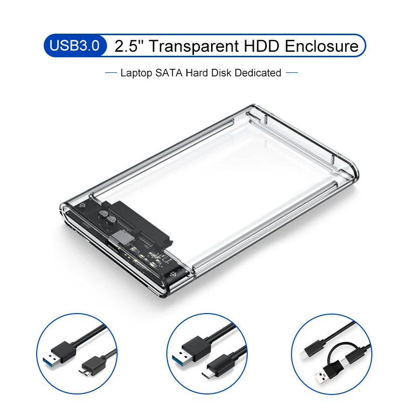 USB 3.0 Transparent HDD Enclosure 2.5" ,Type C Micro Cable External Hard Drive Disk Case 2.5 Inch SATA Box HDD SSD Computer Zpaxo