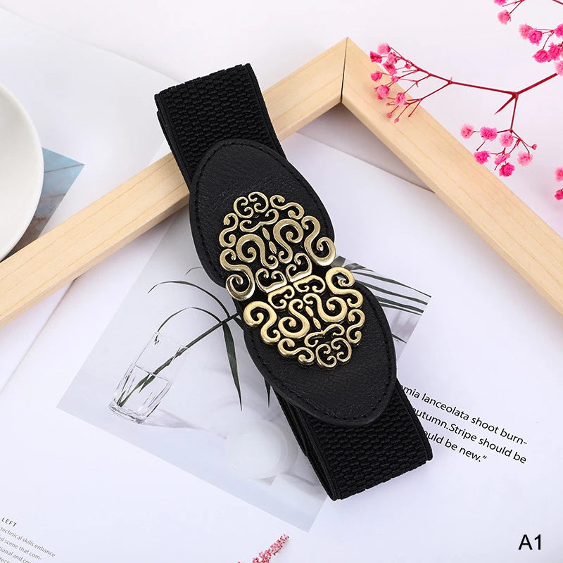 Korean Fashion Ladies Decorated Elastic Wide Belt Buckle Dress Zpaxo A1