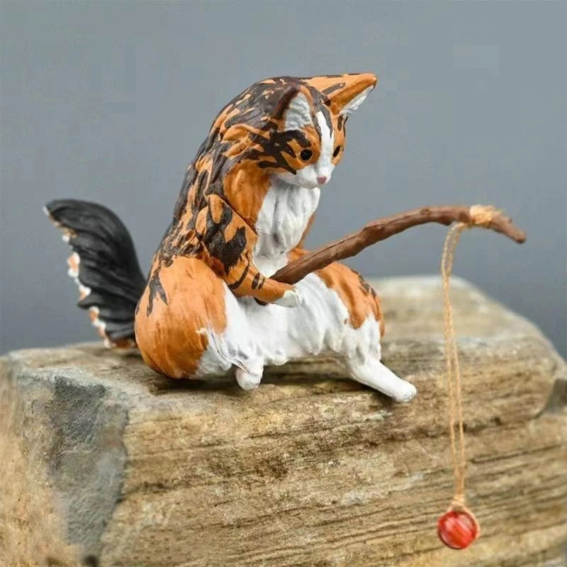 Fishing Cat Ornaments Aquarium Decoration Fish Landscaping Cartoon Cat Statue Mini Resin Figurine Home Decorations Zpaxo