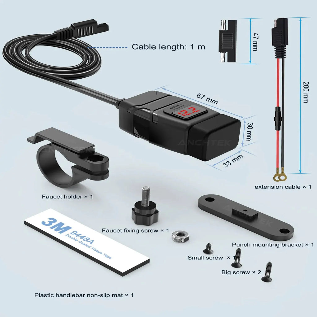 Universal Motorcycle USB Charger QC3.0 Handlebar Fast Charging Waterproof 12V Socket Adapter With Voltmeter Motorcycle Tools Zpaxo