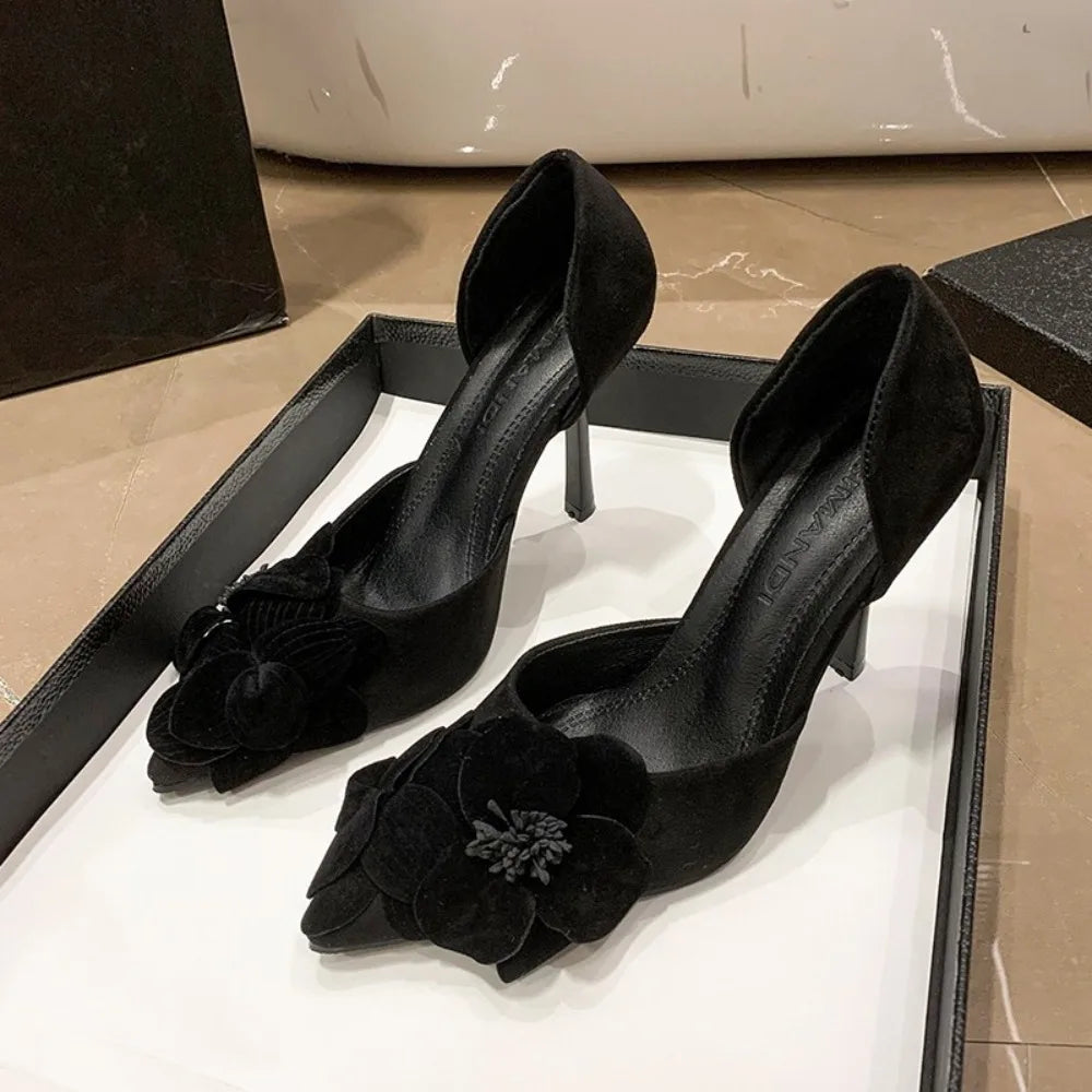 Spring New Women's Single Shoes Pointy Thin Heels with Flowers High Heels Female All-in-one Bag Head Hollow Fashion Shoes Zpaxo black 35