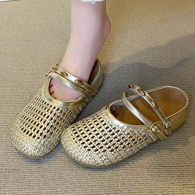 Women's Double Buckle Strap Comfortable Hollow Out Breathable Heel Zpaxo Champagne 38