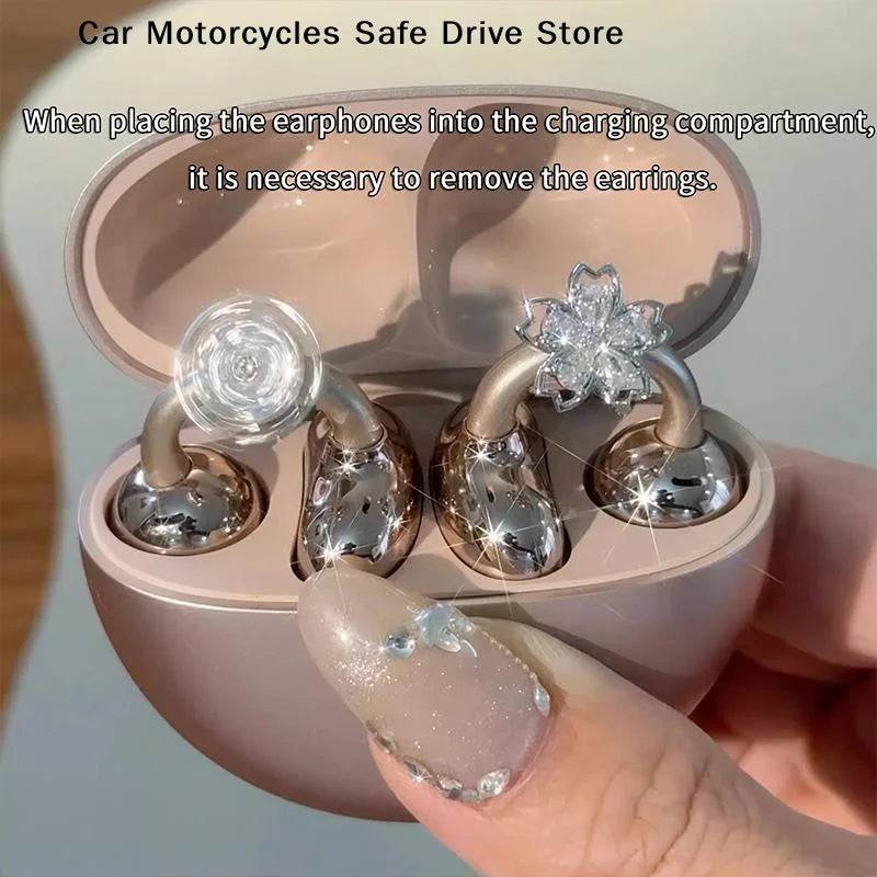 Elegant Earrings Ear Clip Earphone Rotating Cherry Blossoms Shining