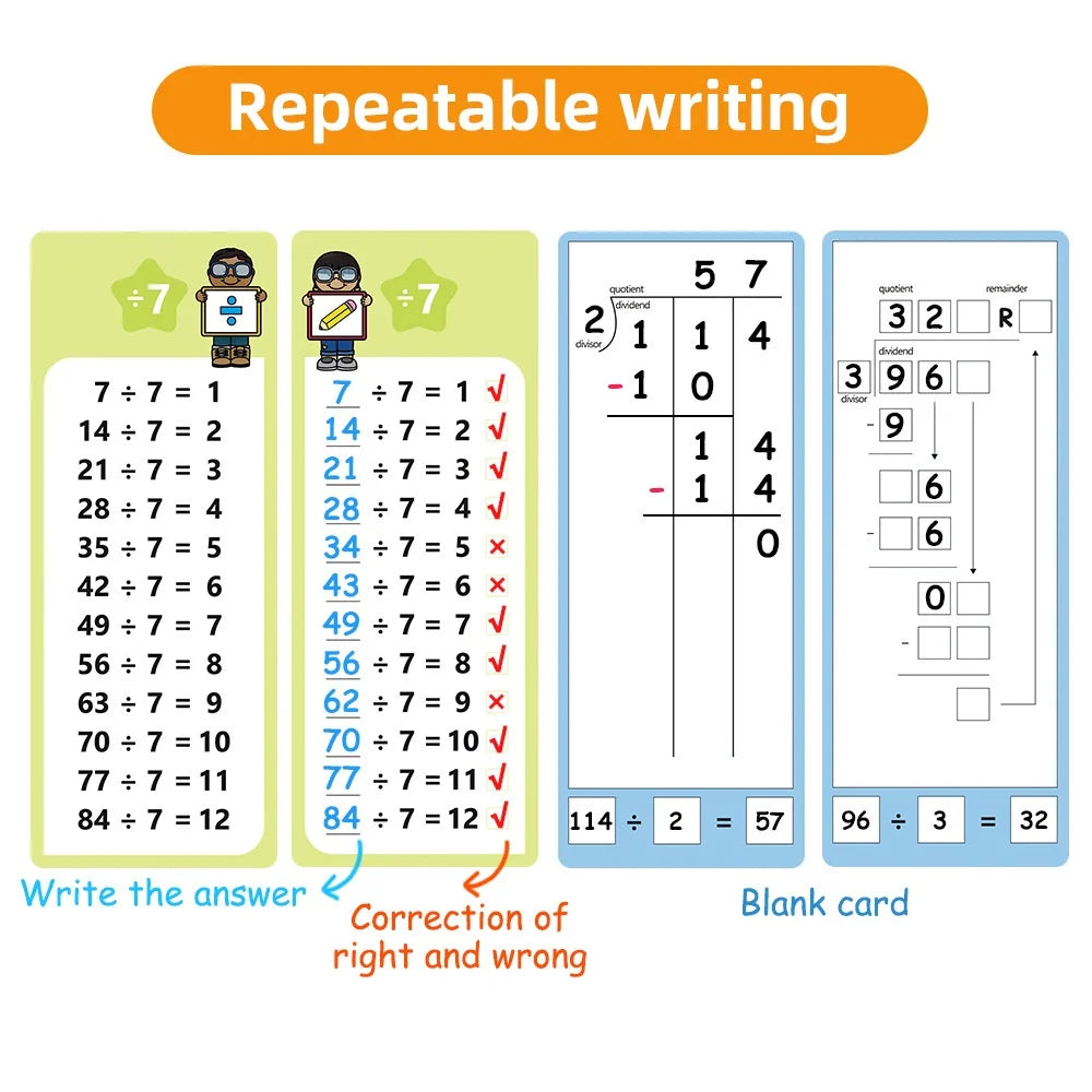 Math Addition Subtraction Multiplication Division Erasable Reusable