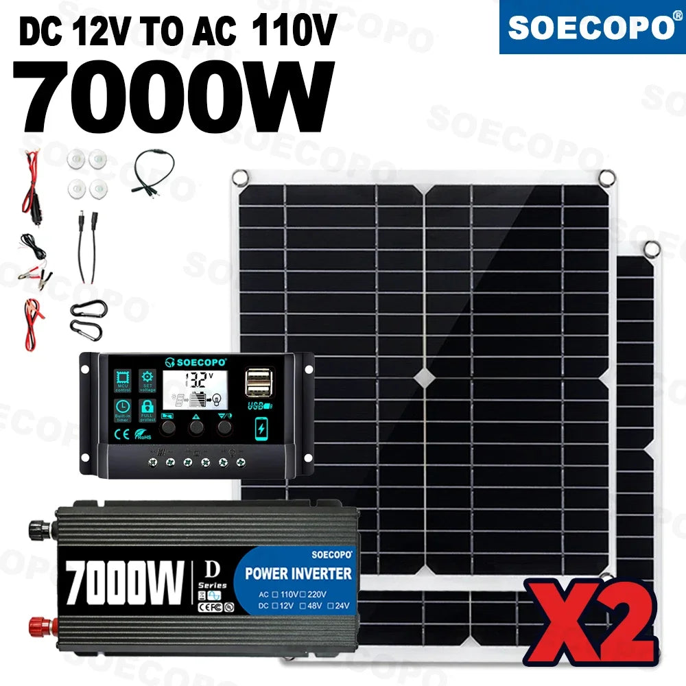 7000W Portable Solar Power Kit High-Efficiency 2pcs Panel + 100A Controller + 12V to 110V/220V Inverter Ideal for RV Camping Zpaxo 110V Solar Set