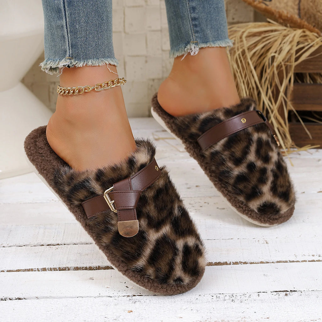 Women Thick Bottom Fur Slippers New Popular Head Cover Cotton Shoes Autumn Winter Outdoor Slippers Leopard Pattern Slides Women Zpaxo Brown 42-43
