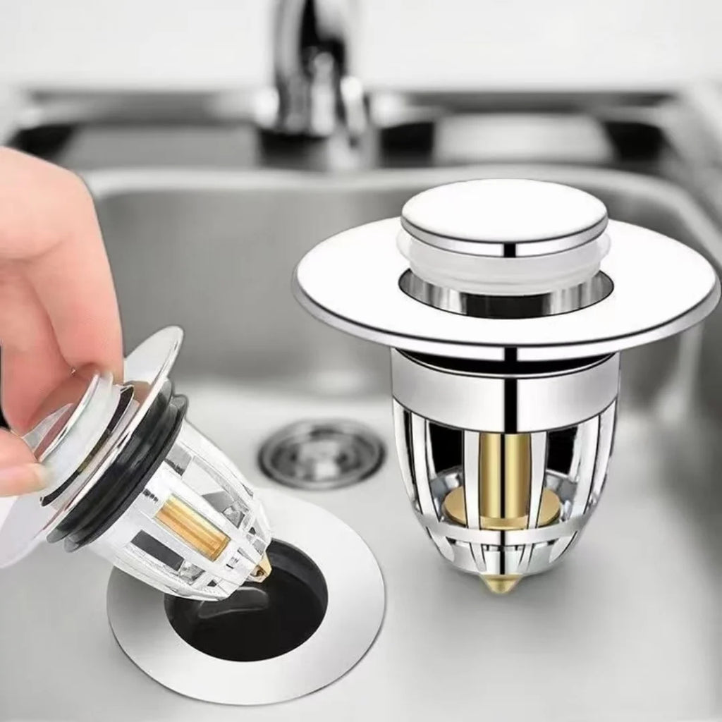 Universal Rebound Drain Plug Filter Basin Pop-up Chrome Sink Filter with Hair Catcher Bathroom Sink Drain Stopper Easy Push Type Zpaxo GLS 1pcs