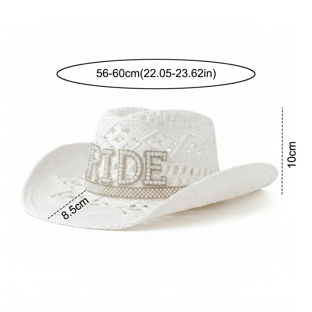 Rhinestone Letter Bride Groom Cowboy Hat Hollow Wide Brim Cowgirl Hat Crochet Western Cowboy Hat For Wedding Bachelorette Party Zpaxo