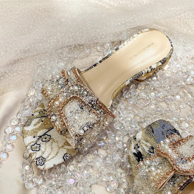 Slippers for Women 2025 New Summer Rhinestone Thick Heel Sandals for Women Fashion Flat Bottom for Women Outside Sandals Zpaxo