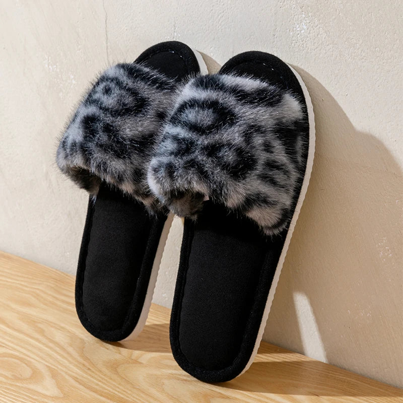 Women's Leopard Print Plush Slippers Home Non-slip Sole Soft Zpaxo GRAY 36-37