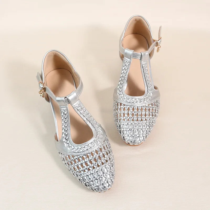 Silver Metallic Woven Hollow Out Sandals T-strap Buckle Closure Round Zpaxo