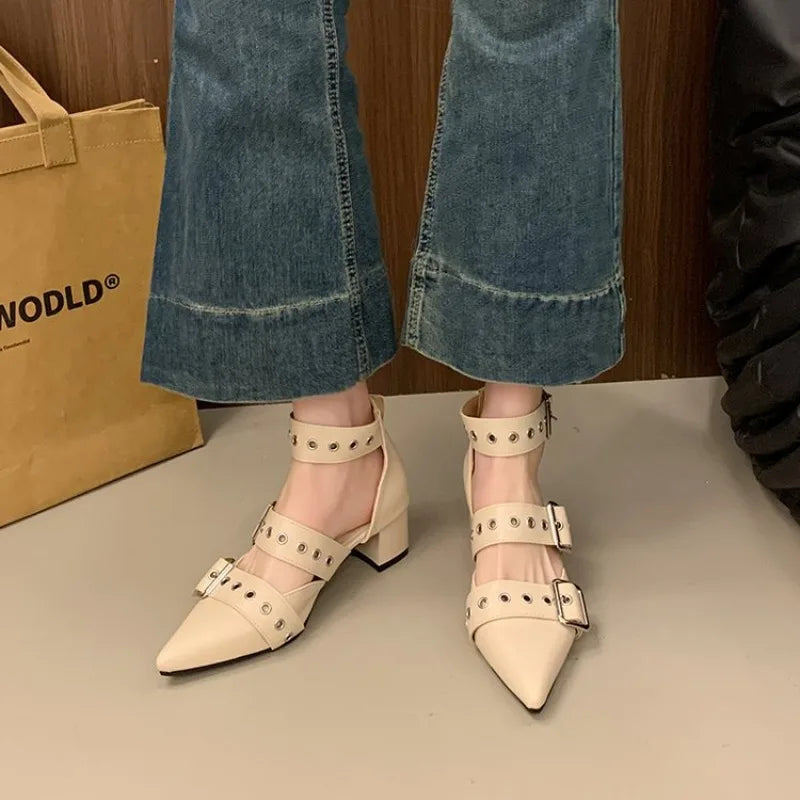 Thick Heeled Baotou Sandals Women's Roman Strap Shoes Middle Pointed