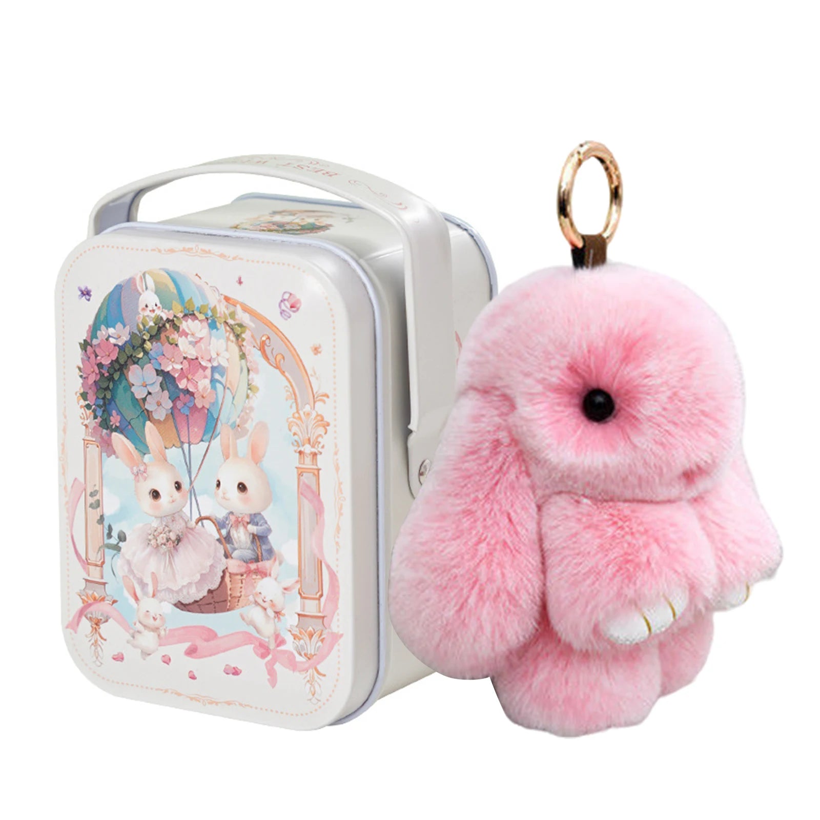 Cute Soft Fuzzy Bunny Keychain Tin Box Wishes Card Lucky Keychains