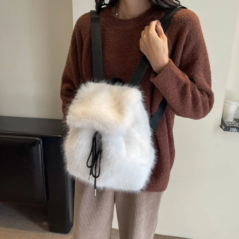 Design Faux Fox Fur Backpack Women Drawstring Flap Magnetic Closure