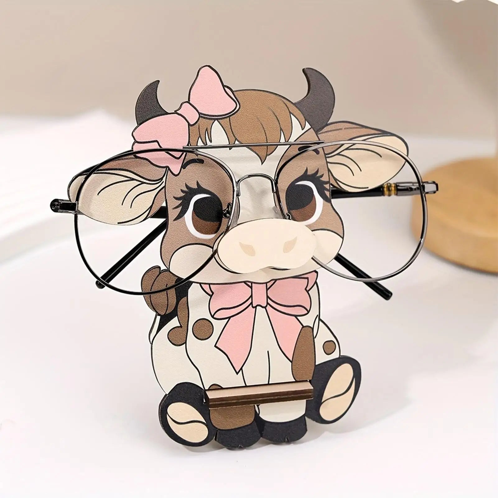 Cow Shape Glasses Holder Organizer Wooden Eyeglasses Stand Desk Decor