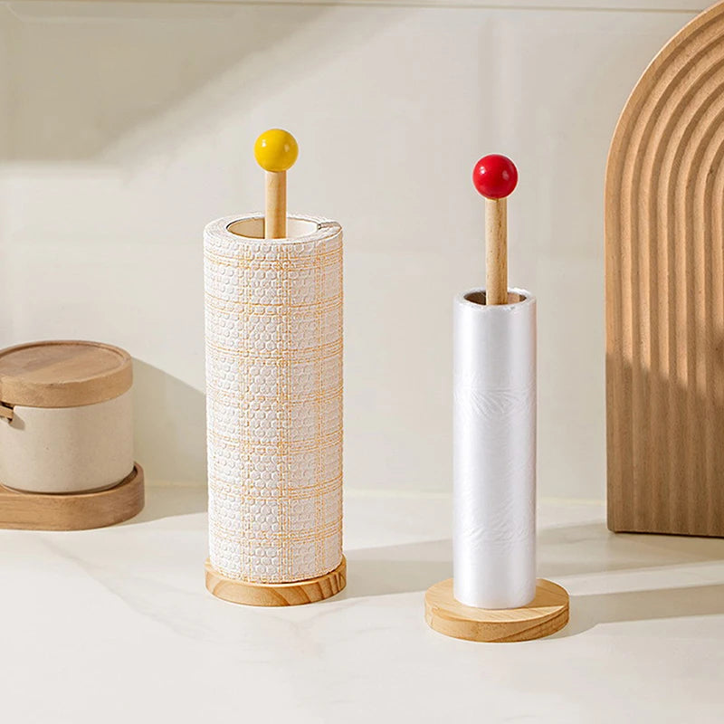 Kitchen Wooden Roll Paper Towel Holder Bathroom Tissue Vertical Stand