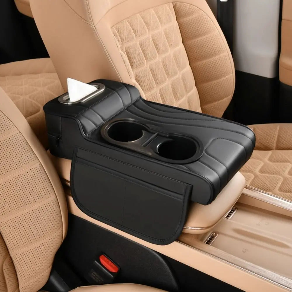 PU Leather Car Center Armrest Box 2 Cup Holder Tissue Vehicle Cushion Zpaxo