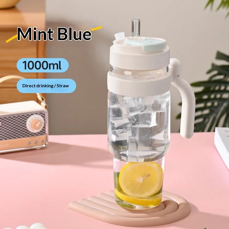 2026 New 1000ml Cross Border Popular Large Capacity Flower Tea Cup, Straw Glass Cup, High Borosilicate Car Ice Cream Cup Zpaxo Blue
