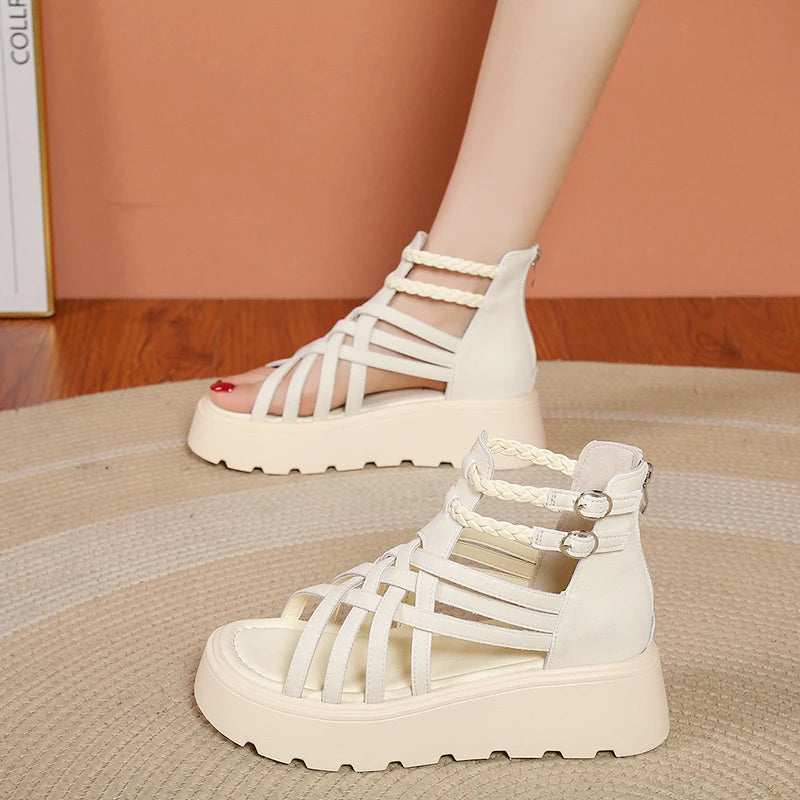 2026 Women's Round Open Toe Hollow Out Double Buckle Strap Back Zpaxo Beige 36