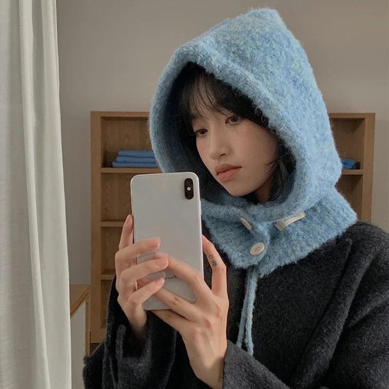 Korean Hat Scarf Women's Autumn Winter Warm Ear Protection Hooded Zpaxo Blue one size
