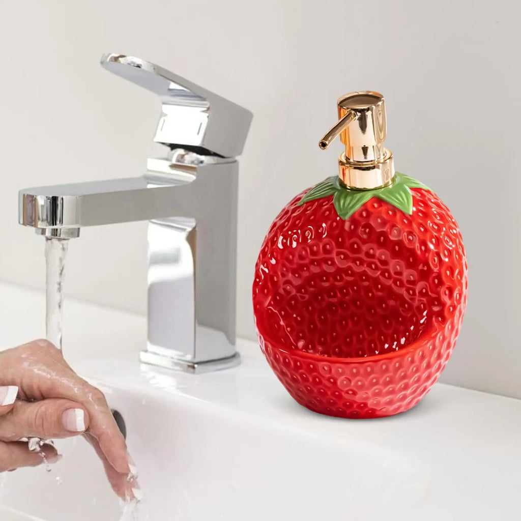 Soap Dispenser 20 Oz Strawberry Shape Ceramic Refillable Liquid Lotion Bottle Bathroom Hand Soap Dispenser with Sponge Holder Zpaxo