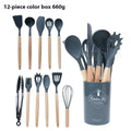 12-Piece Silicone Kitchen Utensils Set with Wooden Handles Cooking Utensil Set Zpaxo Dark grey 12Pcs