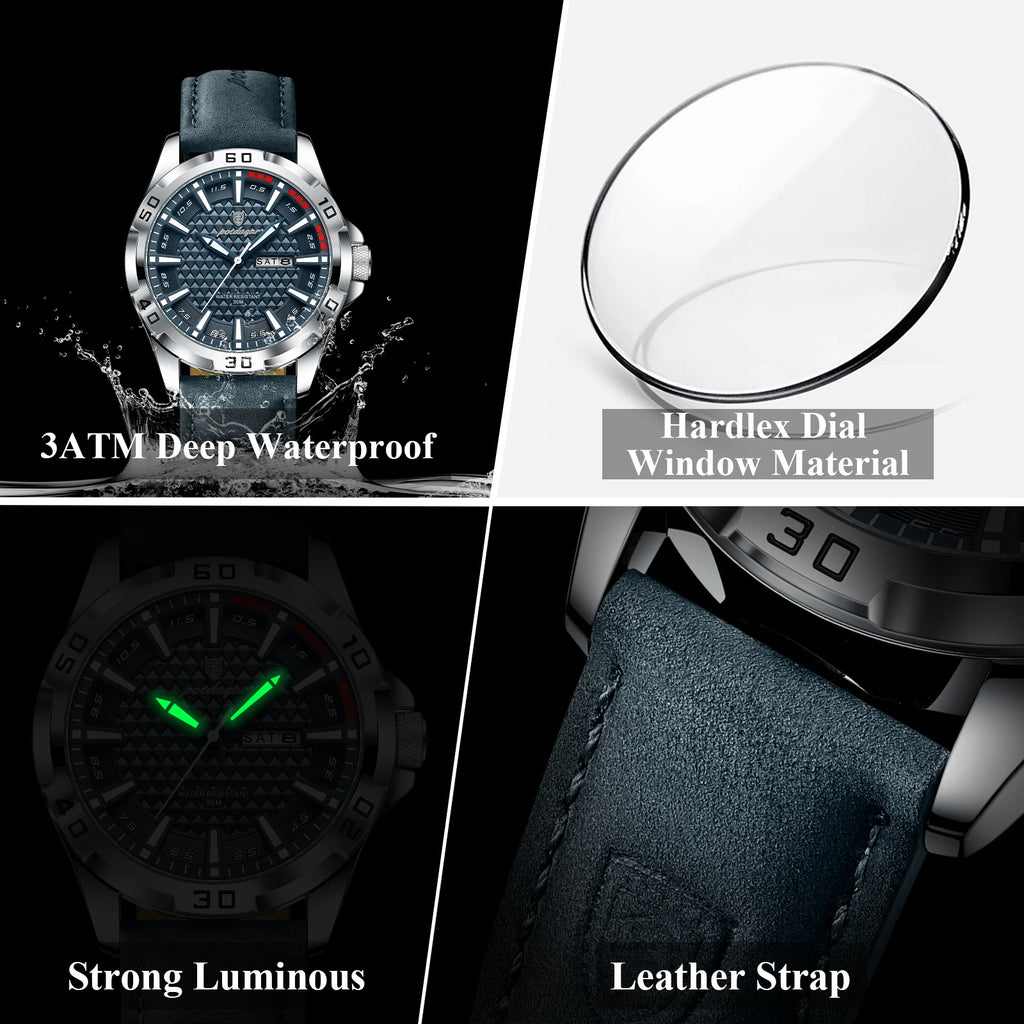 POEDAGAR Original Men Watch Luxury Waterproof Luminous Date Week Watch For Man Quartz Leather Fashion Men's Watches Reloj Hombre Zpaxo