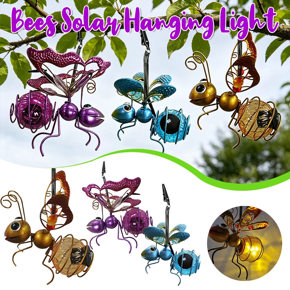Metal Solar Bees Lantern Garden Decor LED Hanging Dragonfly Light