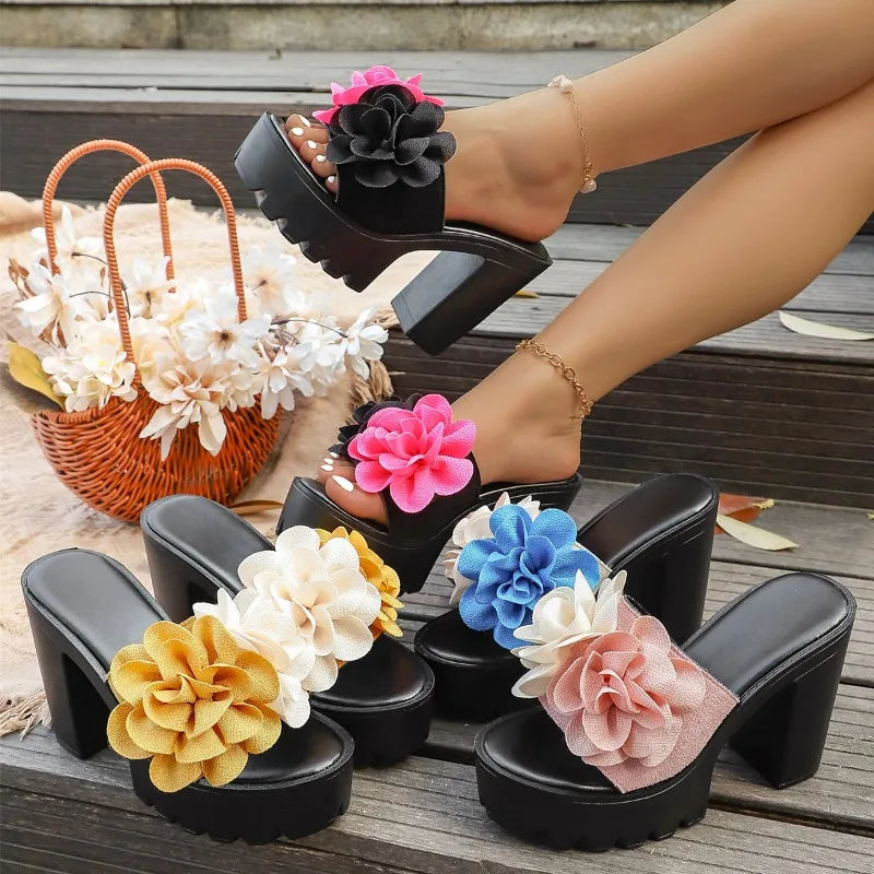 Fashion Women's Flower Embellishment Heel Slippers Summer Women Round Zpaxo