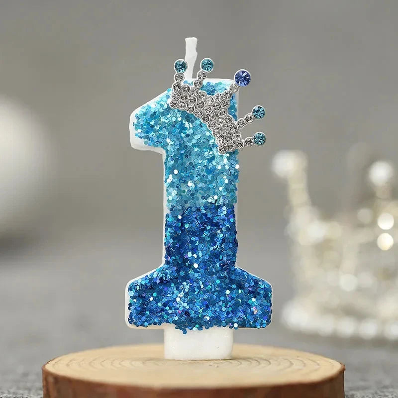 Crown Decor Digital Birthday Candles Blue Sequins Cake Decoration