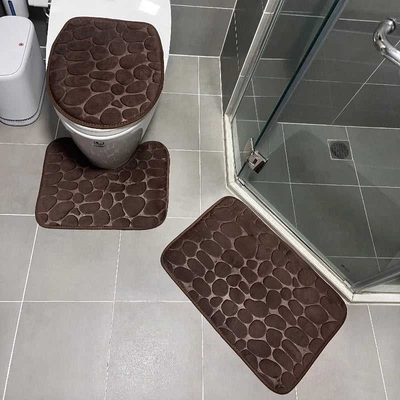 3PCS Solid Color Simple Bathroom Water-absorbing and Non-slip Floor Mat Stone Pattern, Comfortable and Soft, Three-piece Set Zpaxo coffee Three piece set