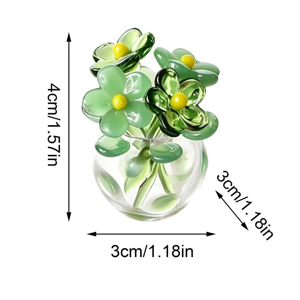 Mini Glass Flowers Artificial Bouquet Small Vase Handmade Green