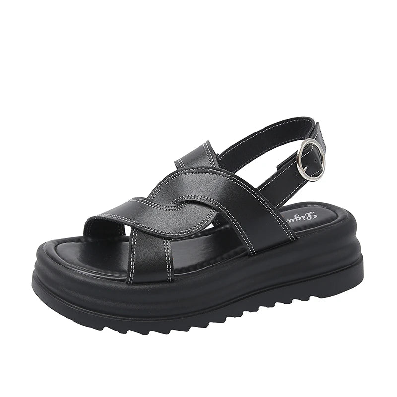 Women's Fashion Sandals New Outer Hollow Breathable Baotou Buckle Roman Shoes Anti-slip 2025 High-heeled Thick-soled Women Shoes Zpaxo black 36