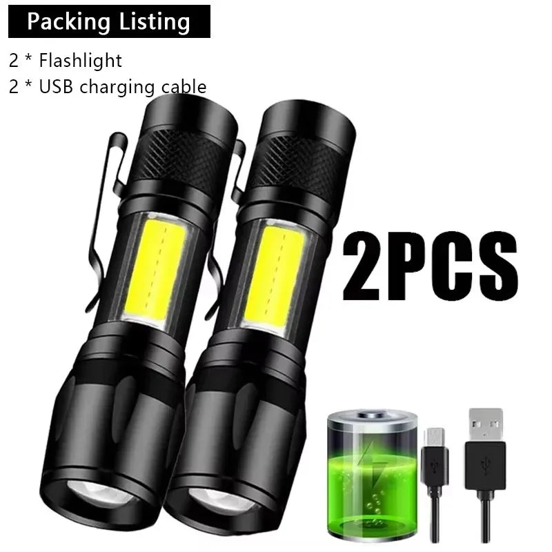 Mini COB+XPE LED Flashlight – USB Rechargeable Zoomable Torch