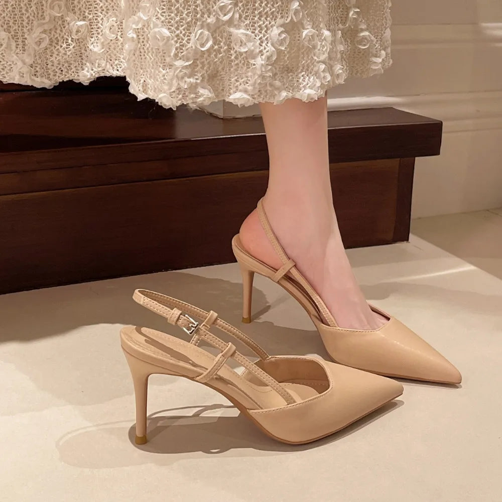 Elegant Thin High Heels Women Pumps Fashion Buckle Strap Pointed Toe Slingbacks Sandals Mule Shoes for Wedding Party Zpaxo Khaki 42