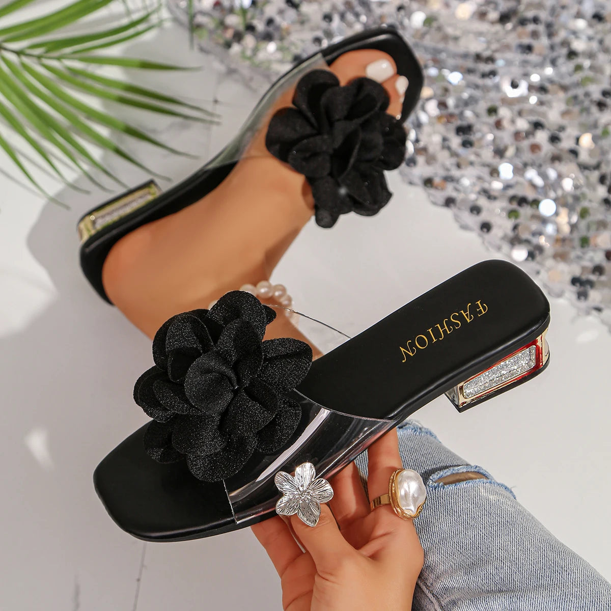 Women Sandals Classic Leather High Heels Shoes for Women Summer Luxury Brand Floral Sexy Shoes Open Toe Fashionable Sandals Zpaxo black 36