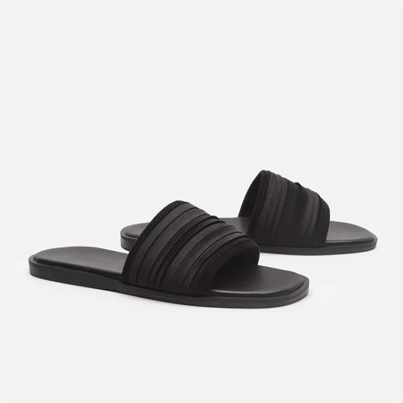 Slippers for Women Summer 2025 Low Heel Pleated Surface Beach Sandal Open Toed Flat Bottom Slippers Flats for Women Ladies Shoes Zpaxo