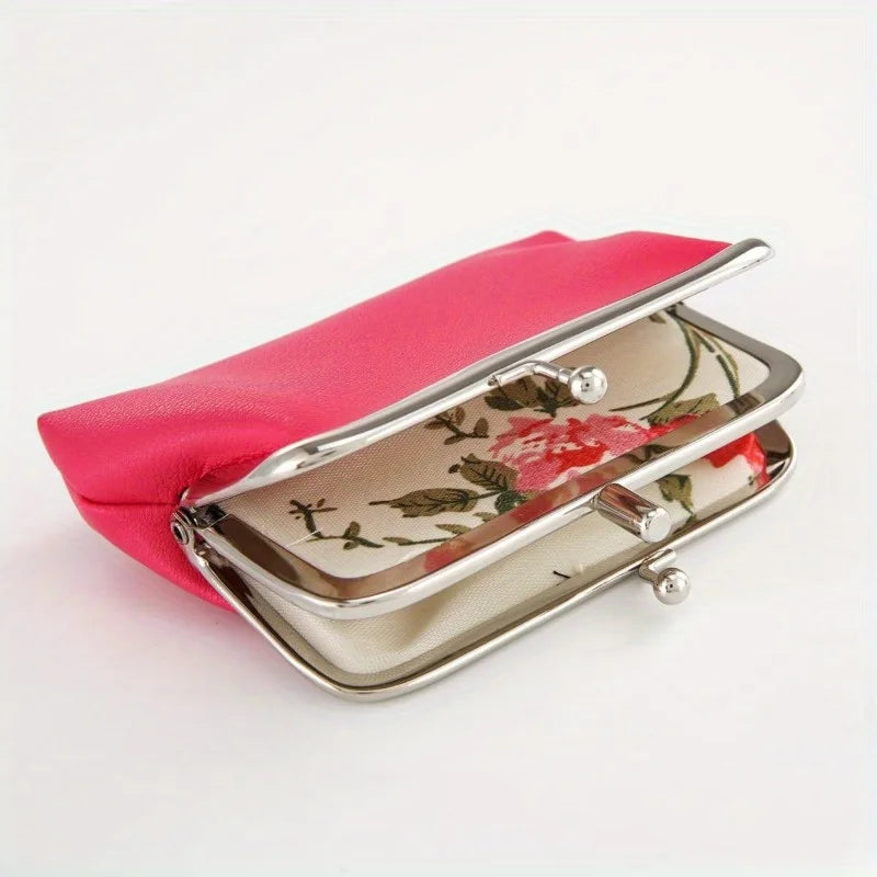 Cute Clip Lock Women's Coin Purse Retro Solid Color Bifold Kiss Lock Small Wallet Simple PU Leather Lipstick Portable Pocket Bag Zpaxo