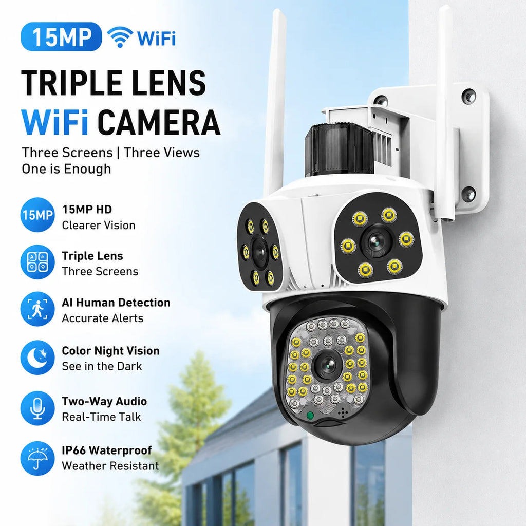 15MP WiFi Triple Len Security Camera PTZ Outdoor Cam Three Screens Motion Tracking 4X Zoom Color Night Vision Video Surveillance Zpaxo