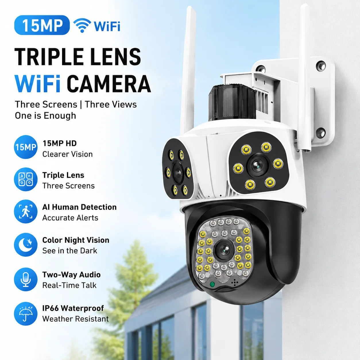 15MP WiFi Triple Len Security Camera PTZ Outdoor Cam Three Screens Motion Tracking 4X Zoom Color Night Vision Video Surveillance Zpaxo
