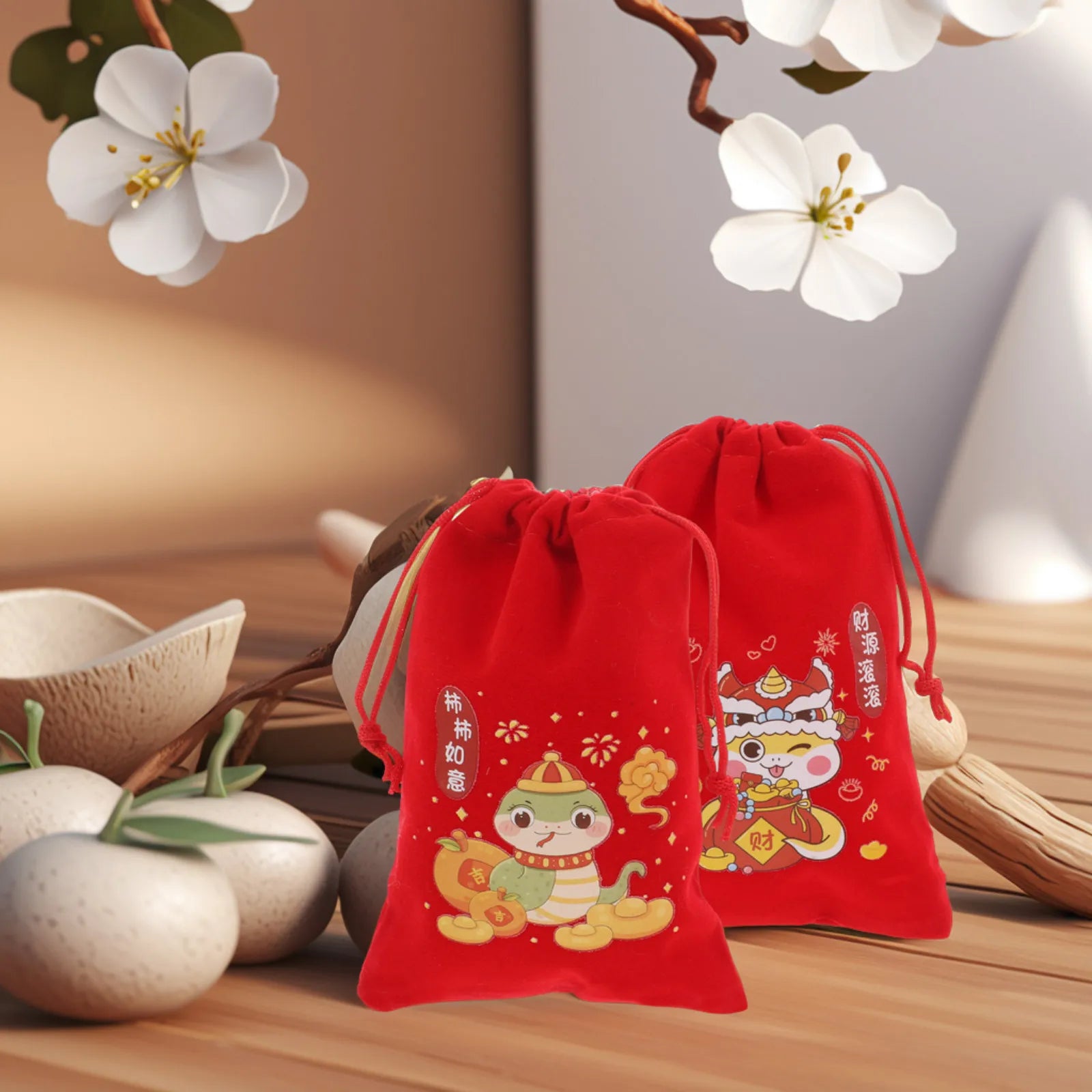 Chinese Red Present Bags 2025 Lunar Year Candy Pouches Reusable
