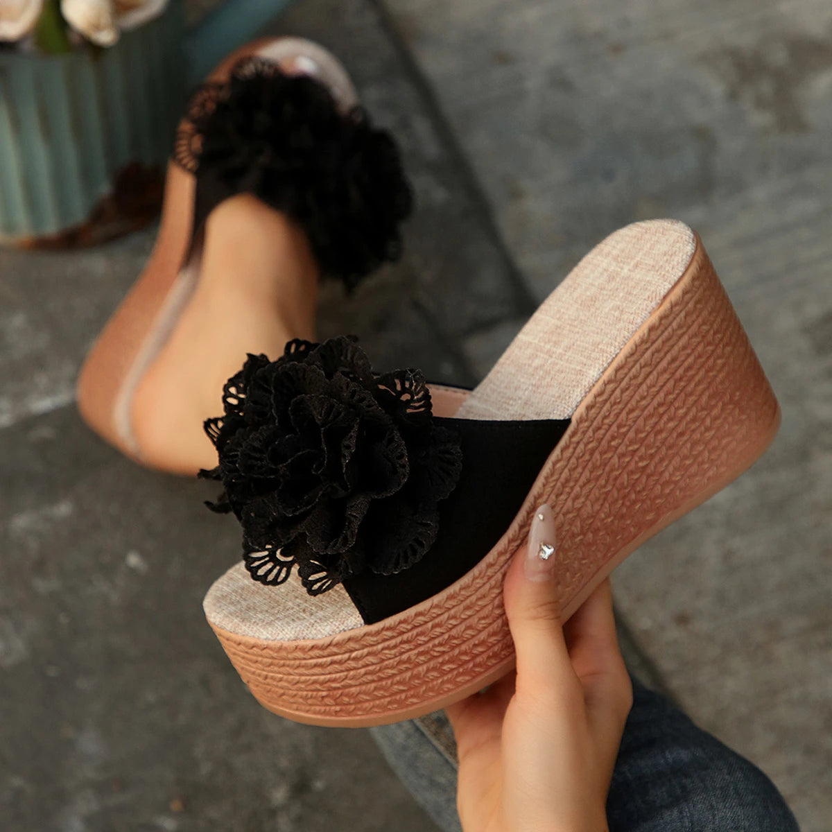Women Wedges Sandals Summer Beach Platform Shoes Lightweight Flower Zpaxo black 41