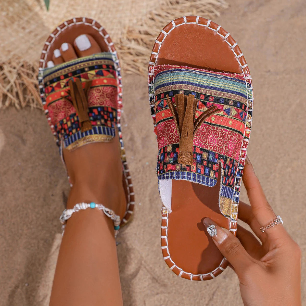Women Slippers Slip-on Comfortable Sandals Ethnic Stripe Flat Bottom