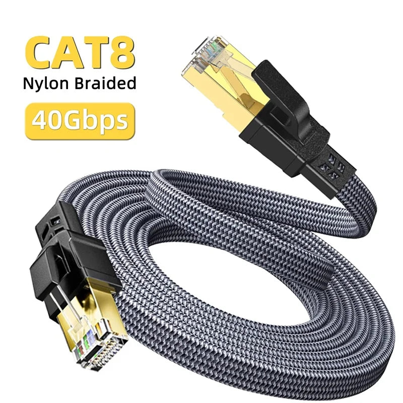 CAT8 Ethernet Cable 40Gbps Flat Nylon Braided Network Lan CAT8 Ethernet Cord For PC Modem Laptop PS5 Router Smart TV RJ45 Cable Zpaxo