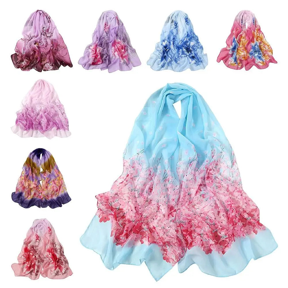 Elegant 160*50cm Chiffon Scarf Sunscreen Gradient Shawl Silk Flower Print Washable Beach Gauze Scarf for Women Zpaxo
