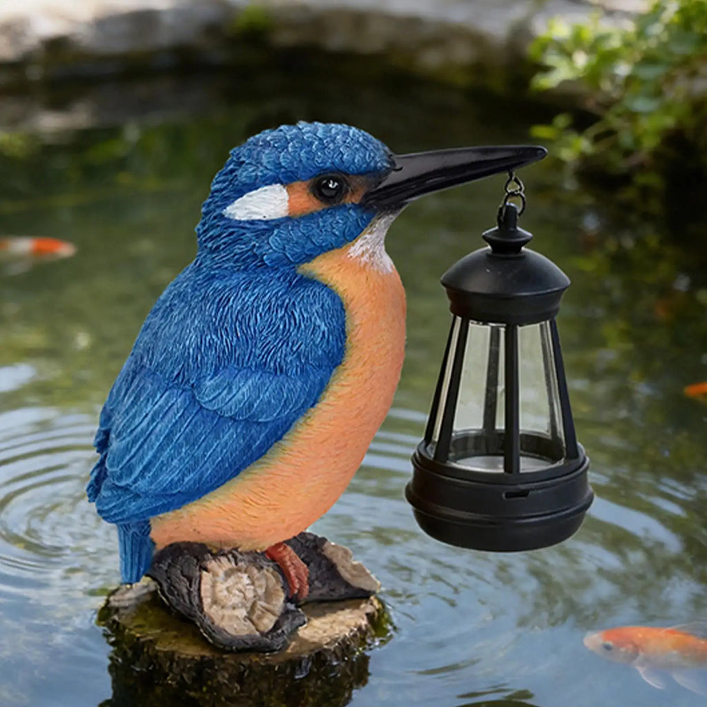 Bird Statues Outside Resin Blue Kingfisher Sculpture Solar Lantern